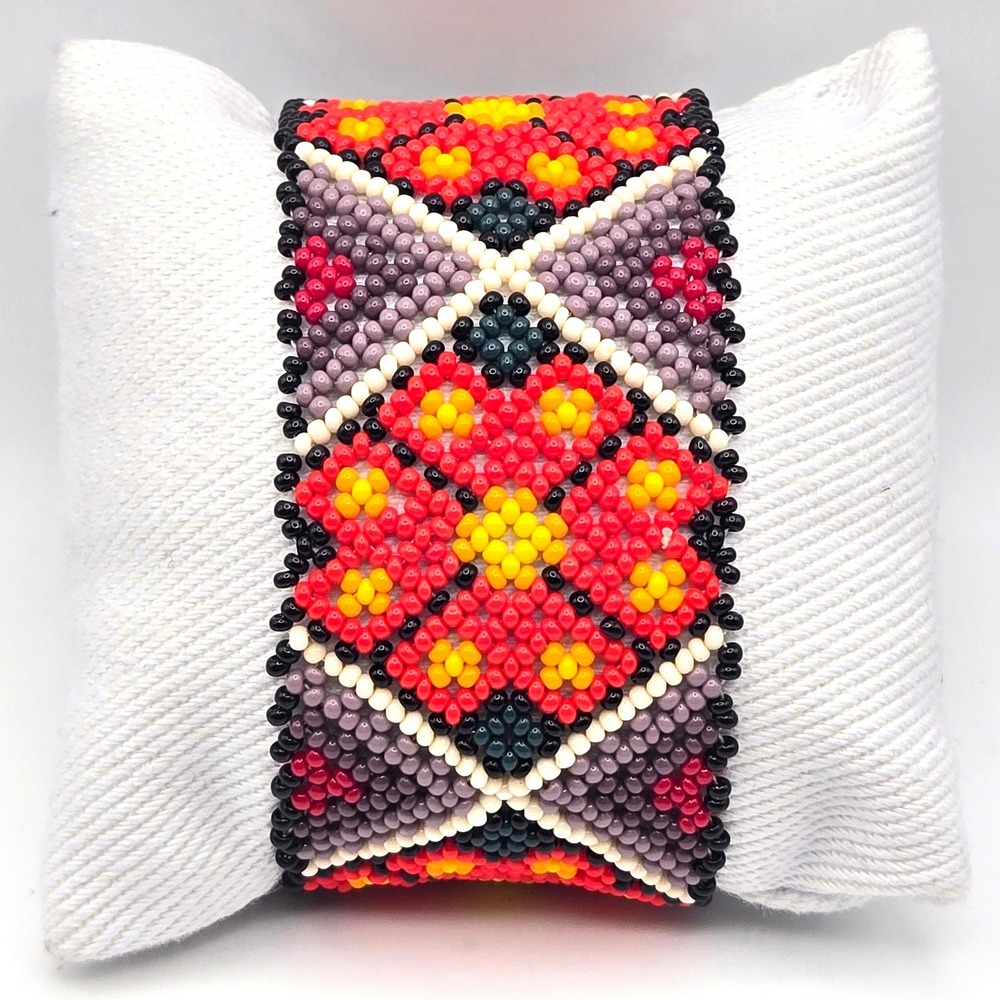 Handmade Seed Bead Cuff Bracelet Geometric Floral‎ Red Purple Yellow Wide Band